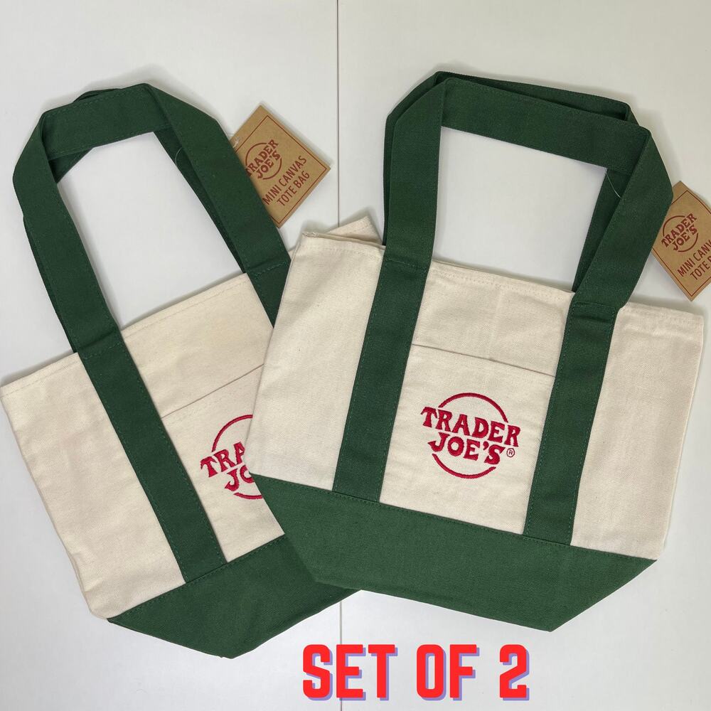 LOT Set of 2 — Trader Joe’s Embroidered Logo Canvas MINI Tote Bags — Green! NWT!